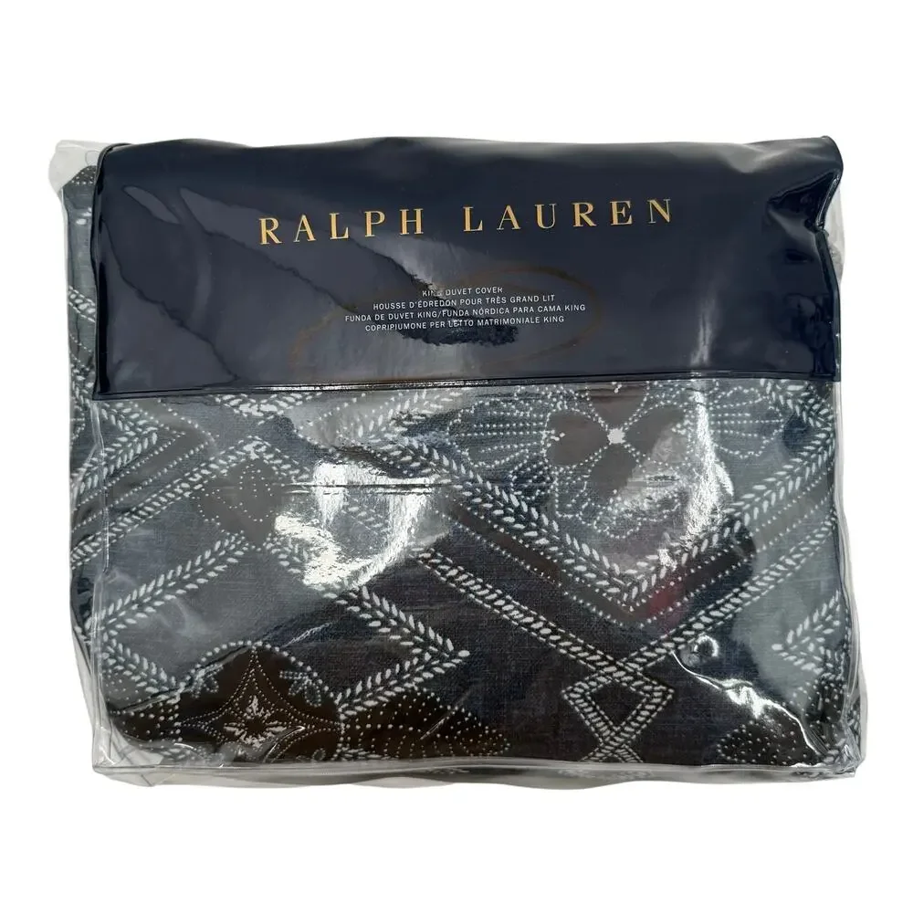 Ralph Lauren Home King Duvet Cover 108 x 96 Francois NWT Navy Blue Cotton $425